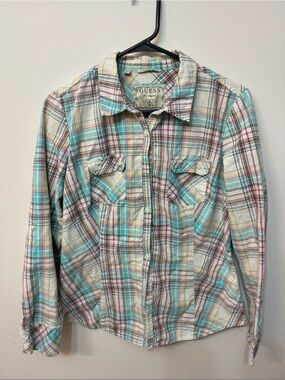 Guess Plaid Button-Front Shirt - Aqua, Pink & Cream